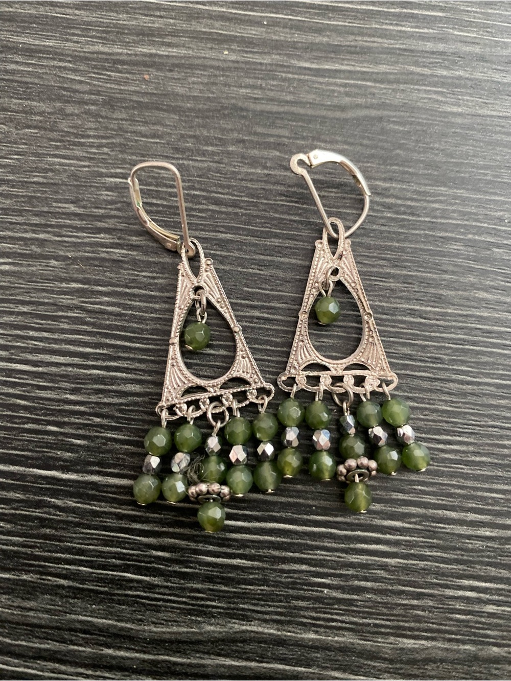 Green natural Bead Dangle Earrings signed 925 Women Jewelry